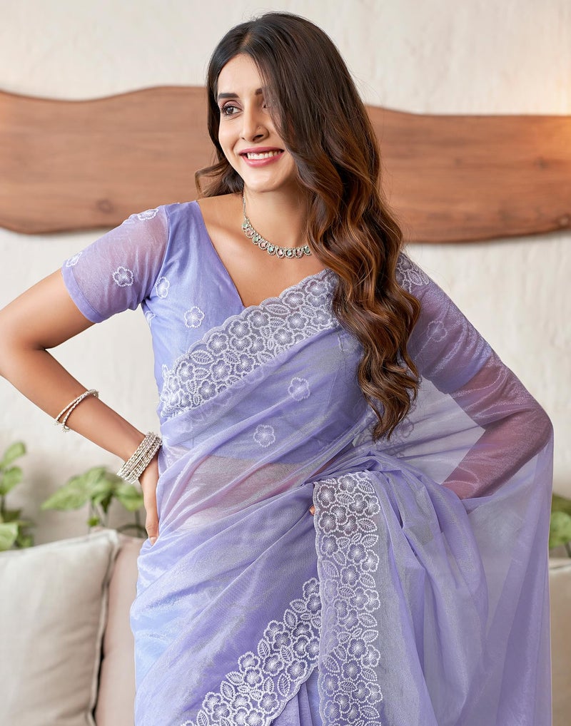 SIRIL Women's Organza Embroidery Saree With Unstitched Blouse Piece (3734S352_Lavender) - Image 5