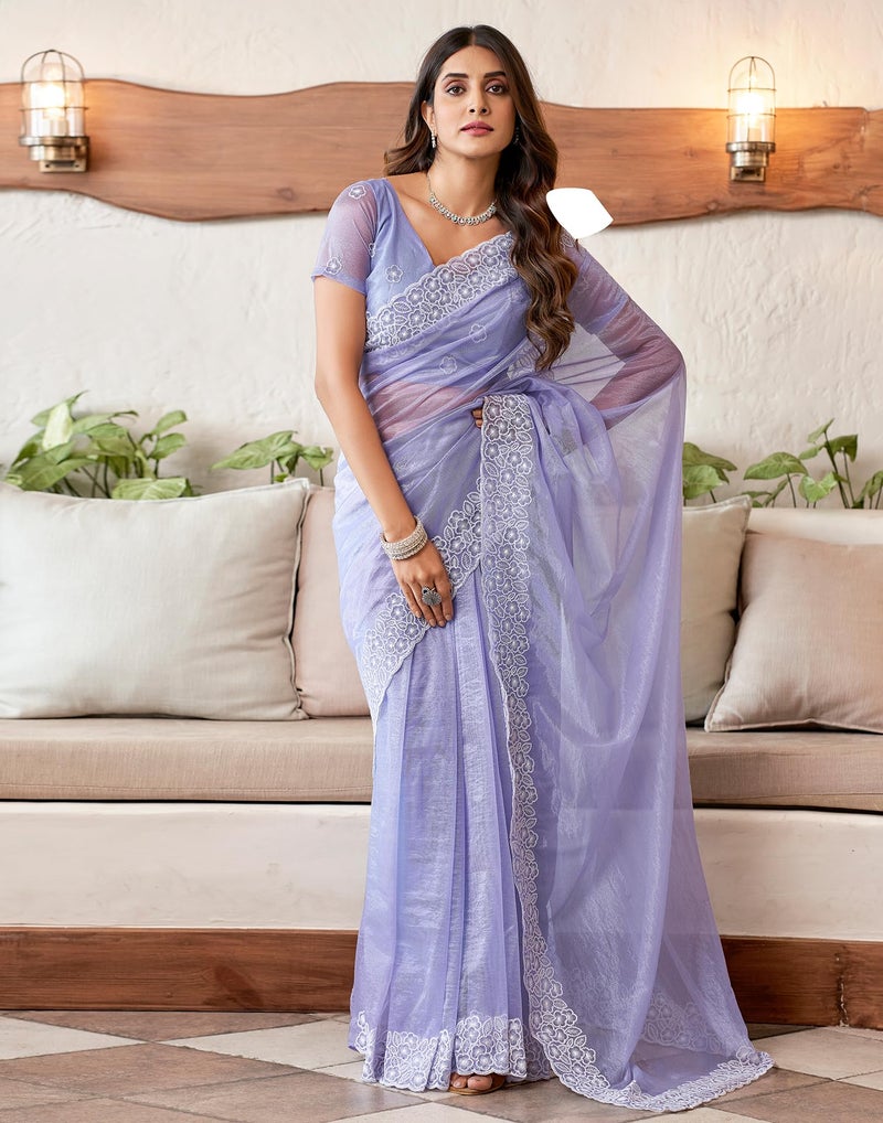 SIRIL Women's Organza Embroidery Saree With Unstitched Blouse Piece (3734S352_Lavender) - Image 3