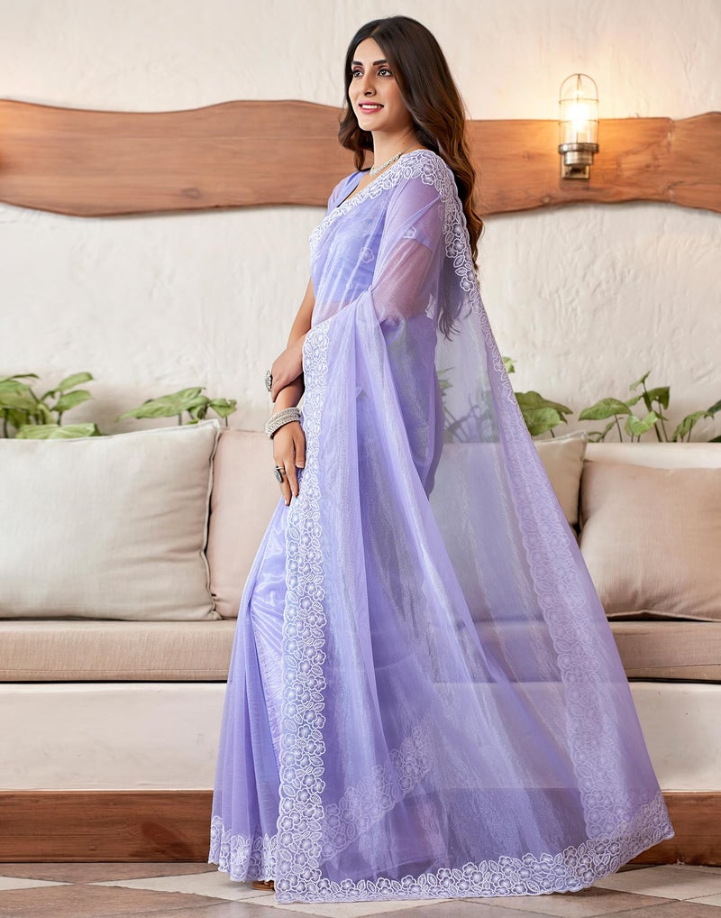 SIRIL Women's Organza Embroidery Saree With Unstitched Blouse Piece (3734S352_Lavender) - Image 2
