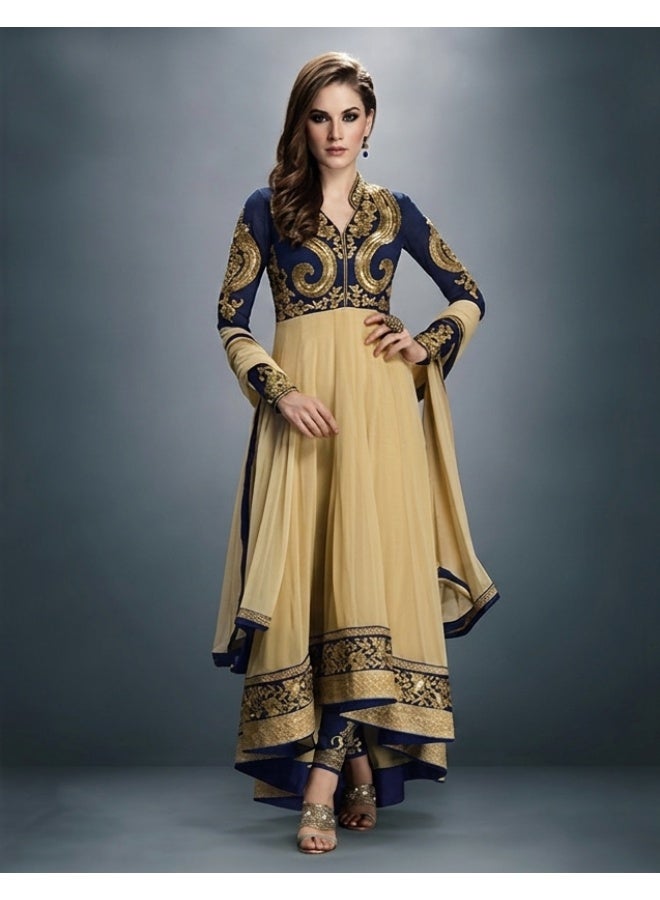 بدلة أناركالي مطرزة نصف مخيطة بتصميم غير متماثل مع تطريز زري - أزرق ملكي وبيج - ملابس تراثية - Image 2