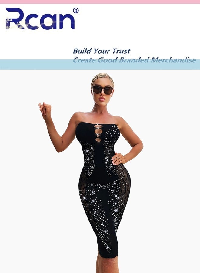 Rcan Lingerie for Women Stretchy Hollow Out Sleeveless Shiny Diamond Dress Bodysuit Babydoll Exotic Underwear Nightwear Ladies Boudoir Outfits Clubwear Free Size - Image 3