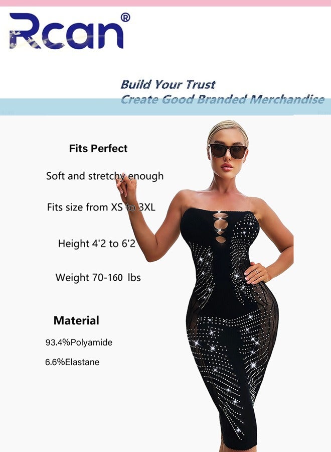 Rcan Lingerie for Women Stretchy Hollow Out Sleeveless Shiny Diamond Dress Bodysuit Babydoll Exotic Underwear Nightwear Ladies Boudoir Outfits Clubwear Free Size - Image 4