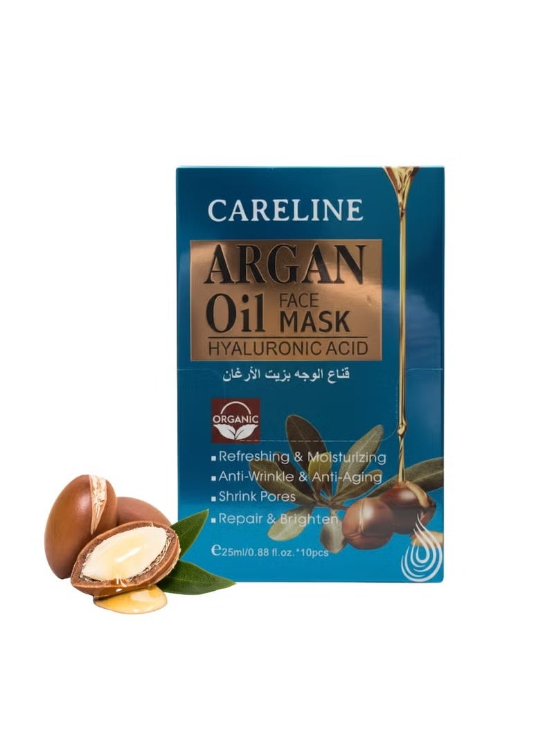Careline Argan Oil Face Mask with Hyaluronic Acid – 10 Sheets, Organic, Anti-Wrinkle & Anti-Aging, Skin Repair & Brightening, 25ml - Image 1