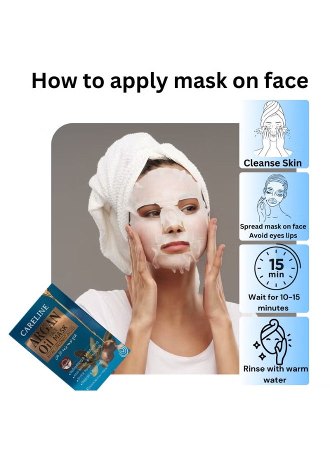 Careline Argan Oil Face Mask with Hyaluronic Acid – 10 Sheets, Organic, Anti-Wrinkle & Anti-Aging, Skin Repair & Brightening, 25ml - Image 3