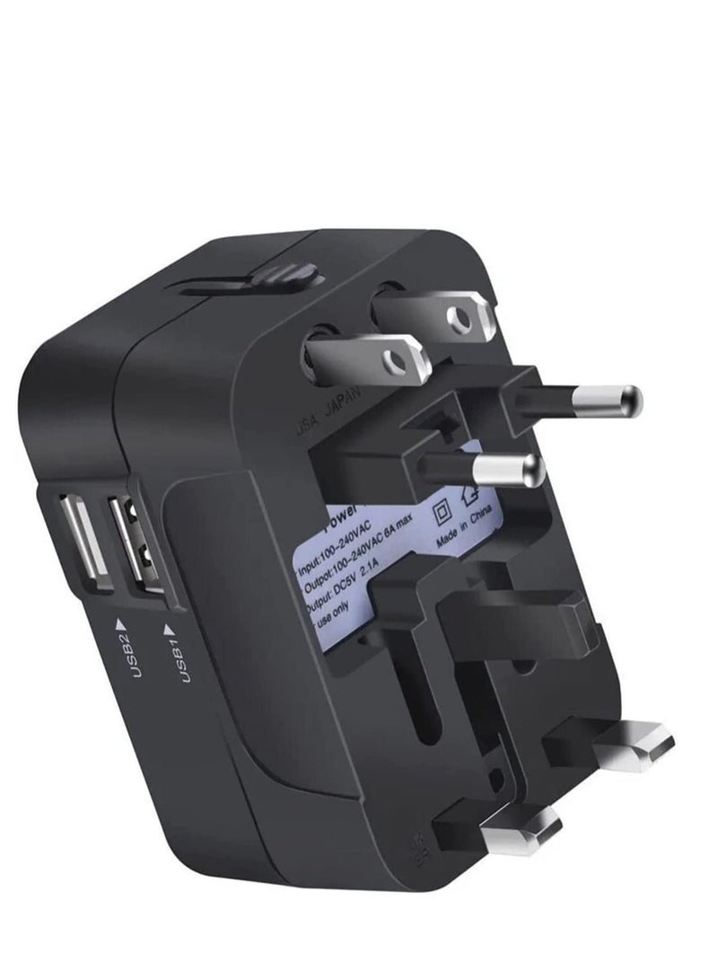 Travel Adapter, Worldwide All in One Universal Power Plug Adapter with Dual USB Ports for USA EU UK AUS Cell Phone Laptop (HHT202 Black)