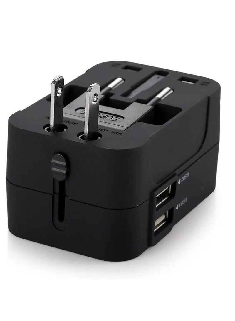 Travel Adapter, Worldwide All in One Universal Power Plug Adapter with Dual USB Ports for USA EU UK AUS Cell Phone Laptop (HHT202 Black)