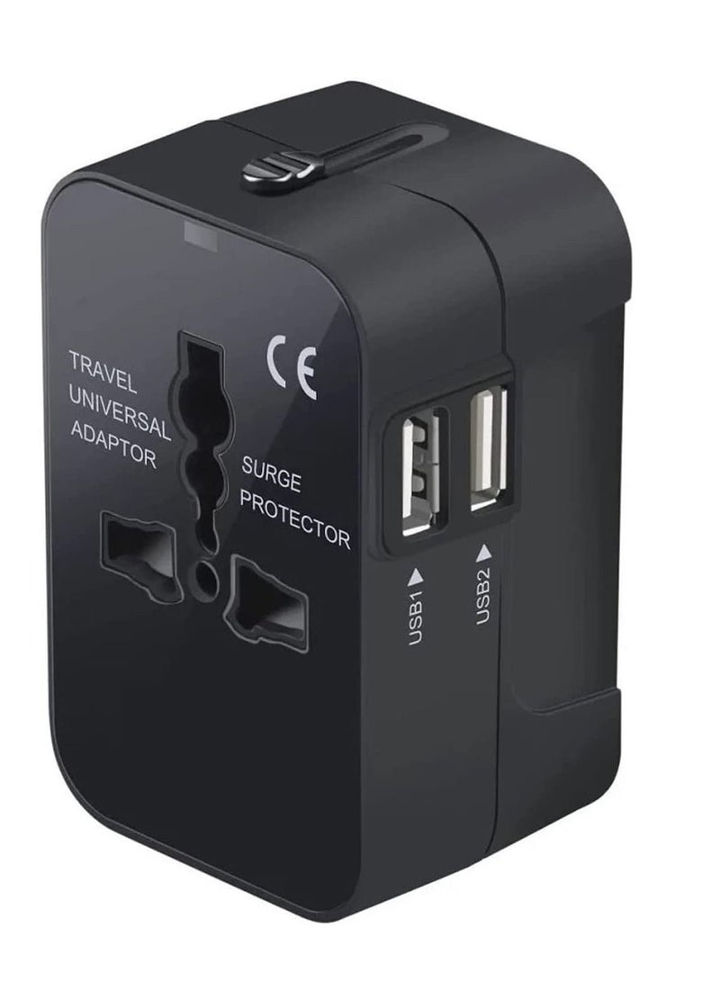 Travel Adapter, Worldwide All in One Universal Power Plug Adapter with Dual USB Ports for USA EU UK AUS Cell Phone Laptop (HHT202 Black)