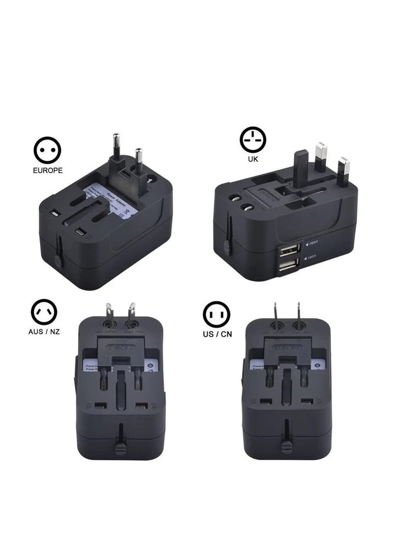 Travel Adapter, Worldwide All in One Universal Power Plug Adapter with Dual USB Ports for USA EU UK AUS Cell Phone Laptop (HHT202 Black)