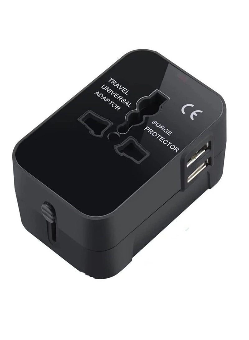 Travel Adapter, Worldwide All in One Universal Power Plug Adapter with Dual USB Ports for USA EU UK AUS Cell Phone Laptop (HHT202 Black)