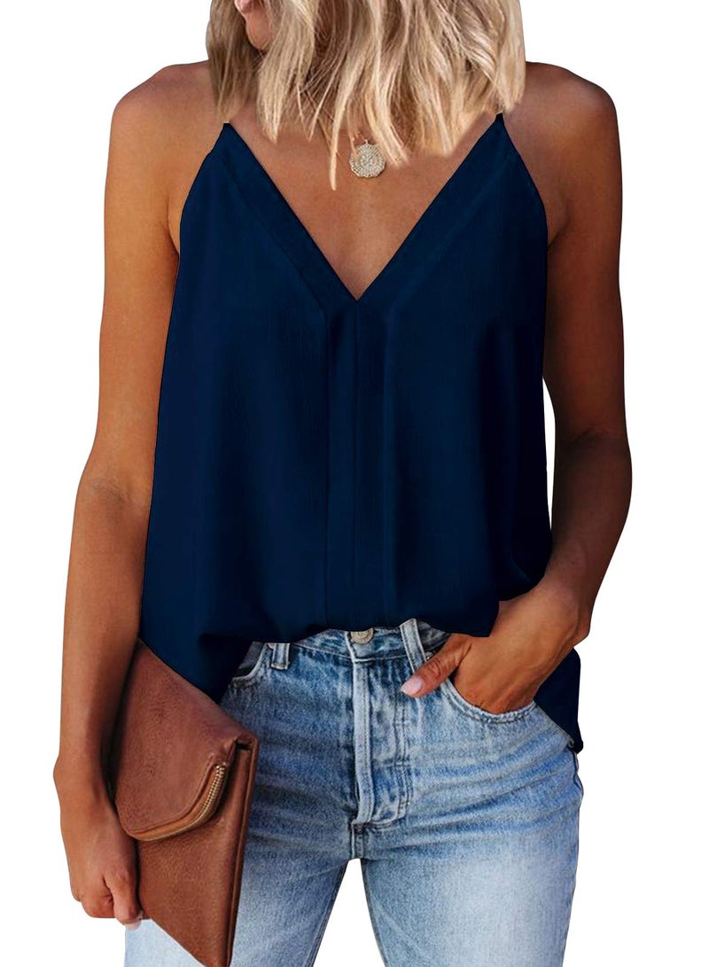 miduo Womens Summer Solid Casual V Neck Cami Shirts Sleeveless Tanks Tops for Navy XL - Image 1