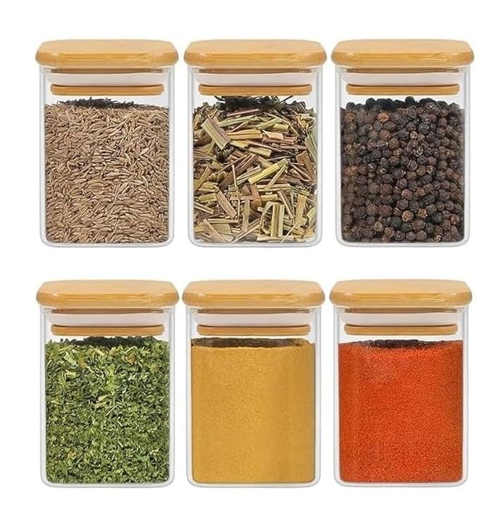 PAKSH NOVELTY Airtight Glass Storage Canisters with Bamboo Lid | Multipurpose Transparent Jars for Kitchen & Home Use | Various Sizes & Shapes | Set of 6 (SQUARE 230ML 6 JAR) - Image 2