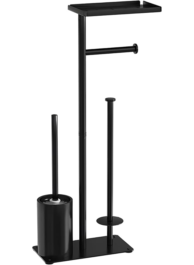 S-TOP 1 Set Free Standing Toilet Paper Holder Toilet Paper Stand Stainless Steel Toilet Roll Holder with Toilet Brush (Black-B) - Image 1