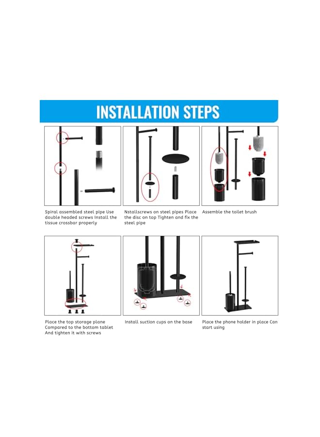 S-TOP 1 Set Free Standing Toilet Paper Holder Toilet Paper Stand Stainless Steel Toilet Roll Holder with Toilet Brush (Black-B) - Image 2