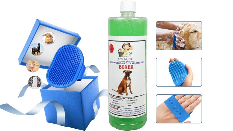 swacch Shampoo | Puppy Safe Shampoo | PH Balanced | Boxer Dog Shampoo 1 Litre Neem Alovera + | Rubber Bath Brush with Adjustable Straps | Pet Massage | Soothing Bristles Hand Brush I Combo Pack - Image 2