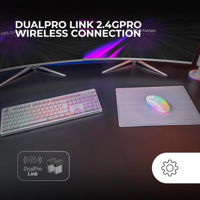 مارس_جيمنج مارس جيمنج MCPWX، مجموعة ألعاب لاسلكية، تقنية DualPro Link 2.4GPRO، لوحة مفاتيح FRGB كاملة مع تحكم وسائط متعددة + ماوس RGB 3200DPI + حصيرة مانعة للانزلاق 360x260 مم، أبيض، إيطالي - Image 2