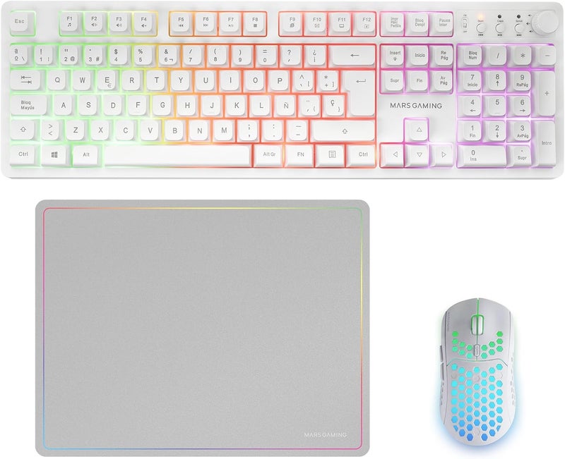مارس_جيمنج مارس جيمنج MCPWX، مجموعة ألعاب لاسلكية، تقنية DualPro Link 2.4GPRO، لوحة مفاتيح FRGB كاملة مع تحكم وسائط متعددة + ماوس RGB 3200DPI + حصيرة مانعة للانزلاق 360x260 مم، أبيض، إيطالي - Image 1