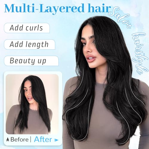 KooKaStyle Invisible Wire Hair Extensions Long Wavy Layered Synthetic Hair Extensions with Transparent Wire Adjustable Size 6 Secure Clips Natural Black Hairpieces for Women 20 Inch - Image 3