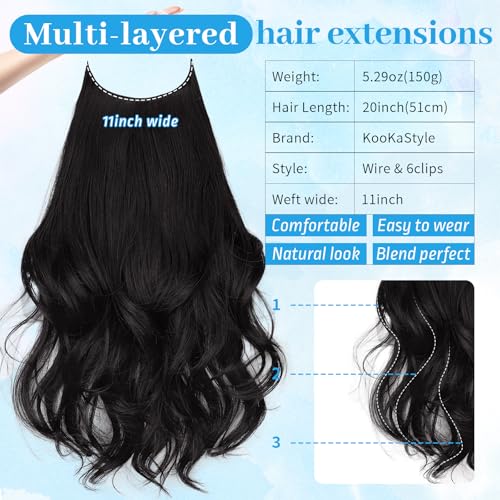 KooKaStyle Invisible Wire Hair Extensions Long Wavy Layered Synthetic Hair Extensions with Transparent Wire Adjustable Size 6 Secure Clips Natural Black Hairpieces for Women 20 Inch - Image 4