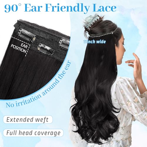 KooKaStyle Invisible Wire Hair Extensions Long Wavy Layered Synthetic Hair Extensions with Transparent Wire Adjustable Size 6 Secure Clips Natural Black Hairpieces for Women 20 Inch - Image 5