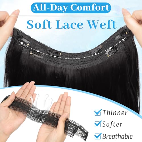 KooKaStyle Invisible Wire Hair Extensions Long Wavy Layered Synthetic Hair Extensions with Transparent Wire Adjustable Size 6 Secure Clips Natural Black Hairpieces for Women 20 Inch - Image 2