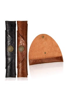 Y&D Vintage Handmade Leather Pen Case2Pce Carved Roll Holder Wrap Pouch for School Home Office Brown and Black  - Image 1