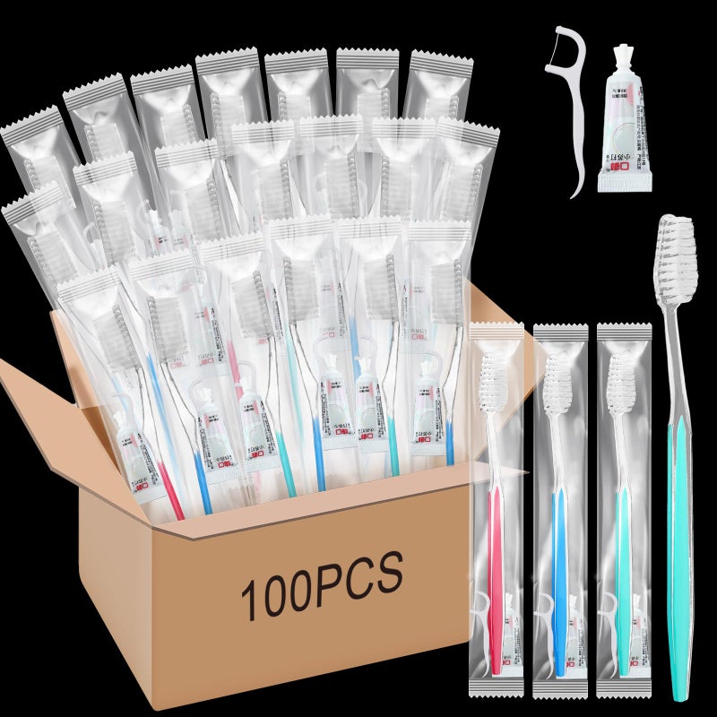 Maxcheck Maxcheck 100 Sets Disposable Toothbrushes Bulk with Toothpaste and Dental Floss Individually Wrapped Travel Toothbrush Set Homeless Supplies for Hotel Guest 
