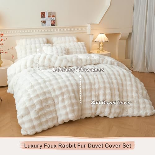 LIFEREVO Luxury Fluffy Faux Rabbit Fur Duvet Cover Set, Soft Ivory Plush Shaggy Bubble Bedding Set Home Decoration, 1 Fuzzy Washable Comforter Cover + 2 Furry Pillowcases, Zipper Closure, Beige, King - Image 2