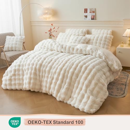 LIFEREVO Luxury Fluffy Faux Rabbit Fur Duvet Cover Set, Soft Ivory Plush Shaggy Bubble Bedding Set Home Decoration, 1 Fuzzy Washable Comforter Cover + 2 Furry Pillowcases, Zipper Closure, Beige, King - Image 4