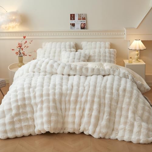LIFEREVO Luxury Fluffy Faux Rabbit Fur Duvet Cover Set, Soft Ivory Plush Shaggy Bubble Bedding Set Home Decoration, 1 Fuzzy Washable Comforter Cover + 2 Furry Pillowcases, Zipper Closure, Beige, King - Image 1
