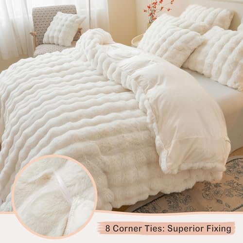 LIFEREVO Luxury Fluffy Faux Rabbit Fur Duvet Cover Set, Soft Ivory Plush Shaggy Bubble Bedding Set Home Decoration, 1 Fuzzy Washable Comforter Cover + 2 Furry Pillowcases, Zipper Closure, Beige, King - Image 5