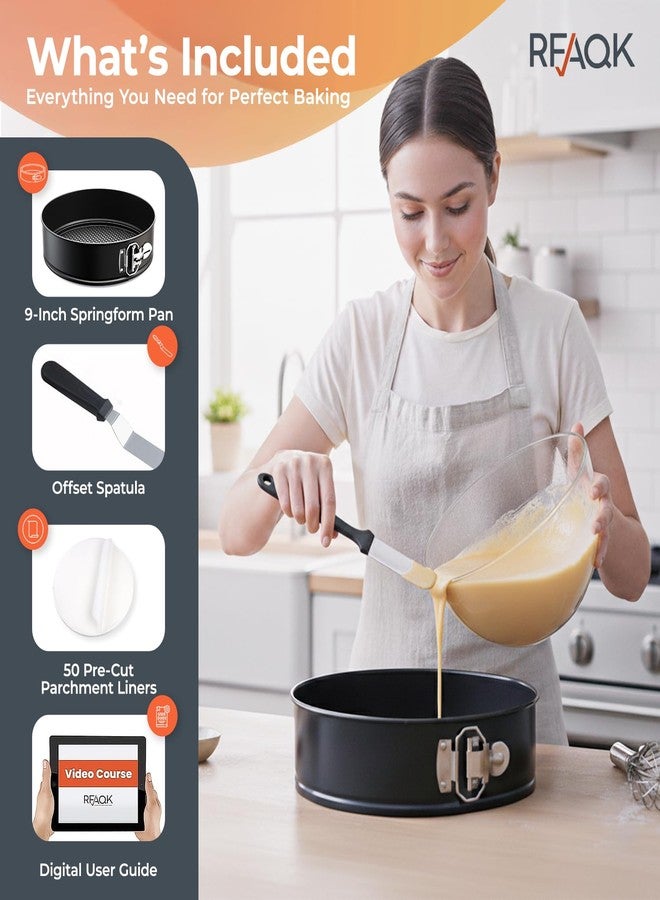 RFAQK 9 Inch Springform Pan Nonstick Leakproof - Spring Form Pan for Cheesecake with Removable Bottom, Include Spatula & 50pcs Parchment Paper, Recipe E-Book - Ideal for Baking Cakes, Pizzas, & More! - Image 2