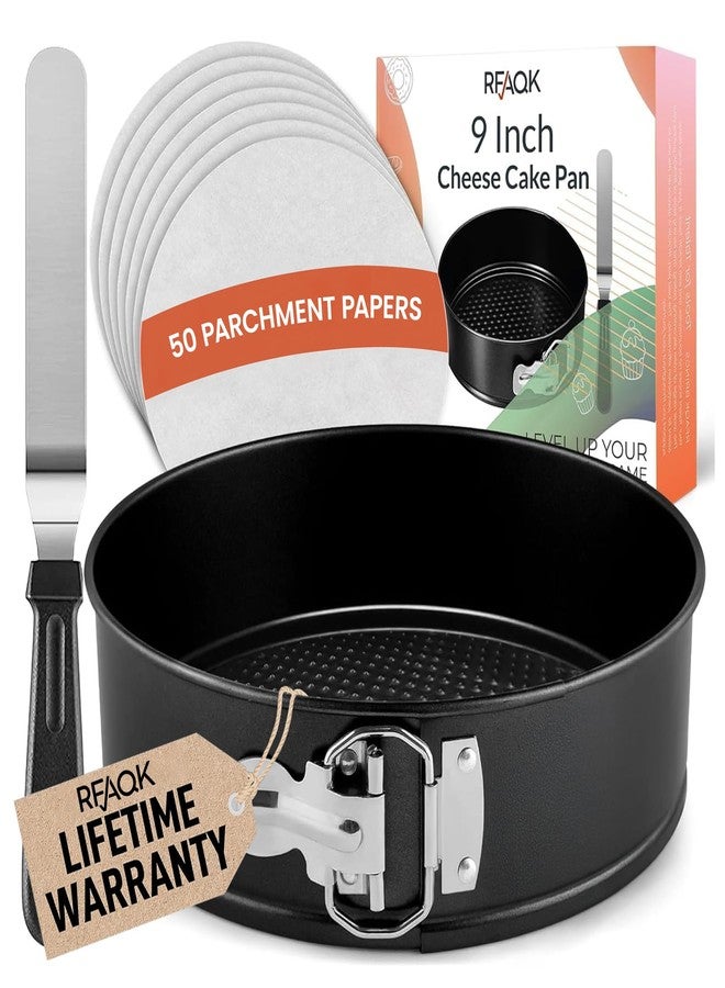 RFAQK 9 Inch Springform Pan Nonstick Leakproof - Spring Form Pan for Cheesecake with Removable Bottom, Include Spatula & 50pcs Parchment Paper, Recipe E-Book - Ideal for Baking Cakes, Pizzas, & More! - Image 1