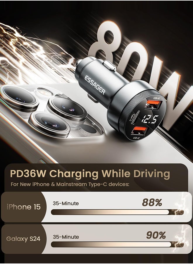 Essager Car Charger 80W Super Fast Charging with USB PD/PPS/QC 3.0(Voltmeter&LED Lights) Universal Quick Charge for 12-24V Car, Compatible with iPhone 15 14 13 12, S22 S21 S20