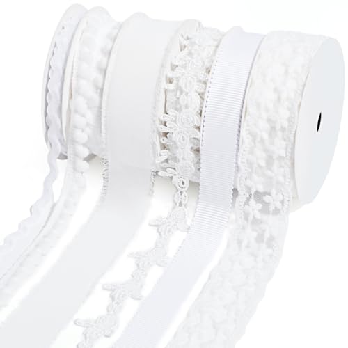 LaRibbons White Ribbons for Crafts 6 Rolls 27.5 Yards TTL Thin Ribbon for Sewing Wedding Gift Wrapping Home Decor - Image 1