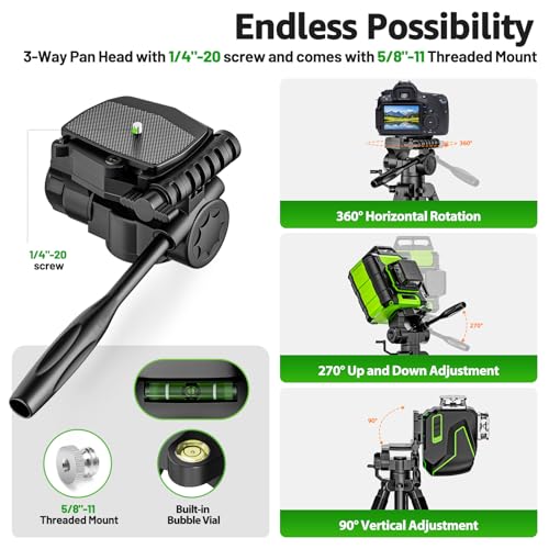 Huepar Lightweight 67.72-Inch Adjustable Laser Level Tripod with 3-Way Swivel Pan Head, Portable Handle, Bubble Level, Quick Release Plate with 1/4" Screw Mount&5/8" UNF Adapter Nut-Camera Tripod T16A - Image 3