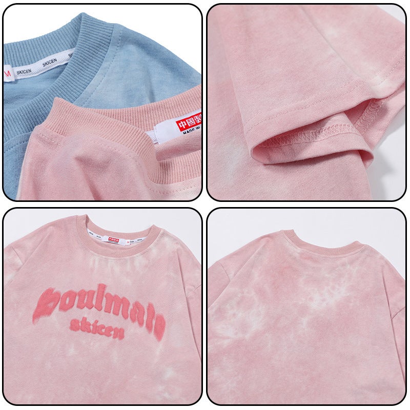 American Street Hiphop Tie-Dyed T-Shirt Summer Trendy All-Match Letter Printing Sweet Cool Style Couple Half Sleeve Top - Image 4
