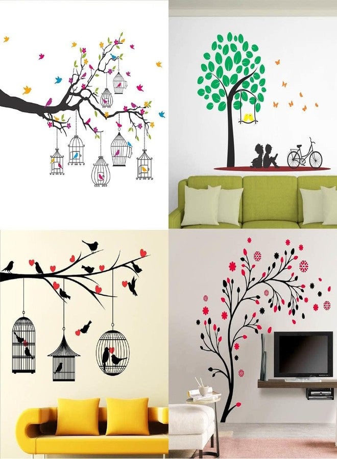 MERICAL Set of 4 Self-Adhesive PVC Vinyl Wall Stickers - Branches Flowers & Bird Cages, Kids Under Tree, Lovebirds & Hearts & Magical Tree for Living Room, Kids Room, Bedroom & Home Decoration - Image 1