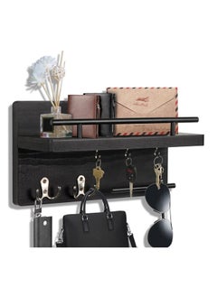 Bukela Wall Shelf & Key Holder: Wooden Wall Mounted Shelf with 5 Hooks - Entryway, Hallway, Office Floating Decor  - Image 1