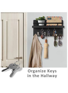 Bukela Wall Shelf & Key Holder: Wooden Wall Mounted Shelf with 5 Hooks - Entryway, Hallway, Office Floating Decor  - Image 3