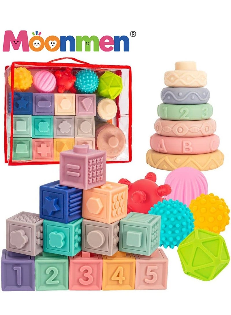 Moonmen 23 Pcs Montessori Toys for Babies 6-12 Months, 3 in 1 Soft Baby Teething Toys and Stacking Building Blocks for Sensory Developmental Education - Image 1