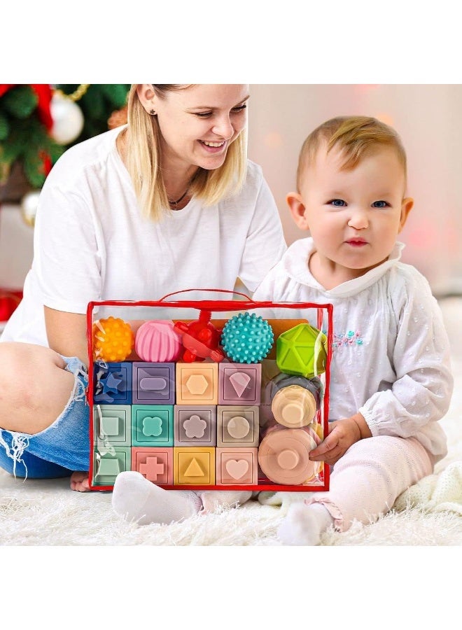 Moonmen 23 Pcs Montessori Toys for Babies 6-12 Months, 3 in 1 Soft Baby Teething Toys and Stacking Building Blocks for Sensory Developmental Education - Image 4