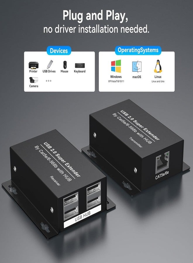موسع USB عبر الإيثرنت USB 2.0 HUB RJ45 Cat5e/6، 196 قدم/60 متر، معدل نقل يصل إلى 480 ميجابت في الثانية، لا يتطلب برنامج تشغيل، يدعم مصدر طاقة POC، يدعم توصيل لوحة المفاتيح والماوس وقرص USB والطابعة وما إلى ذلك. - Image 5