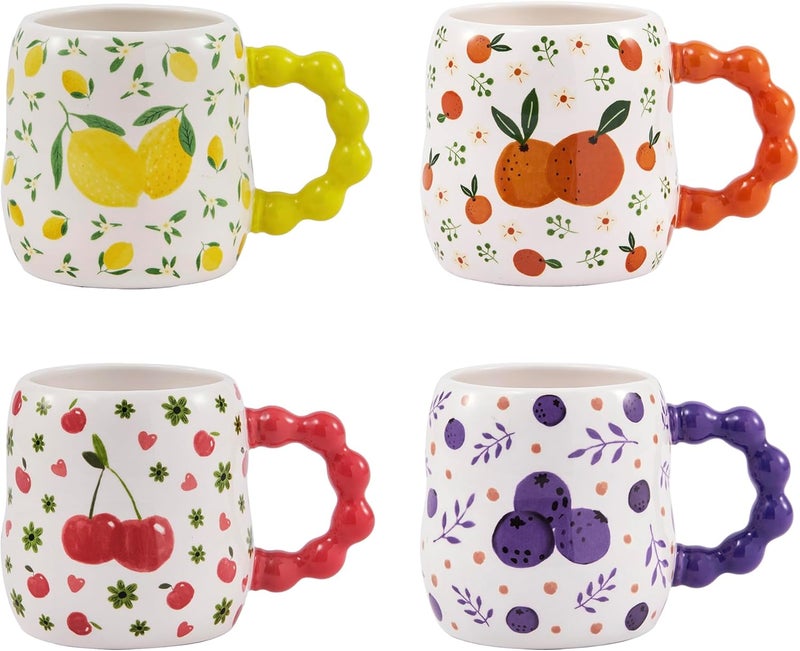Bico Cartoon Fruit Pop Ceramic Mugs Set of 4 for Coffee Tea Drinks Microwave  Dishwasher Safe - Image 1