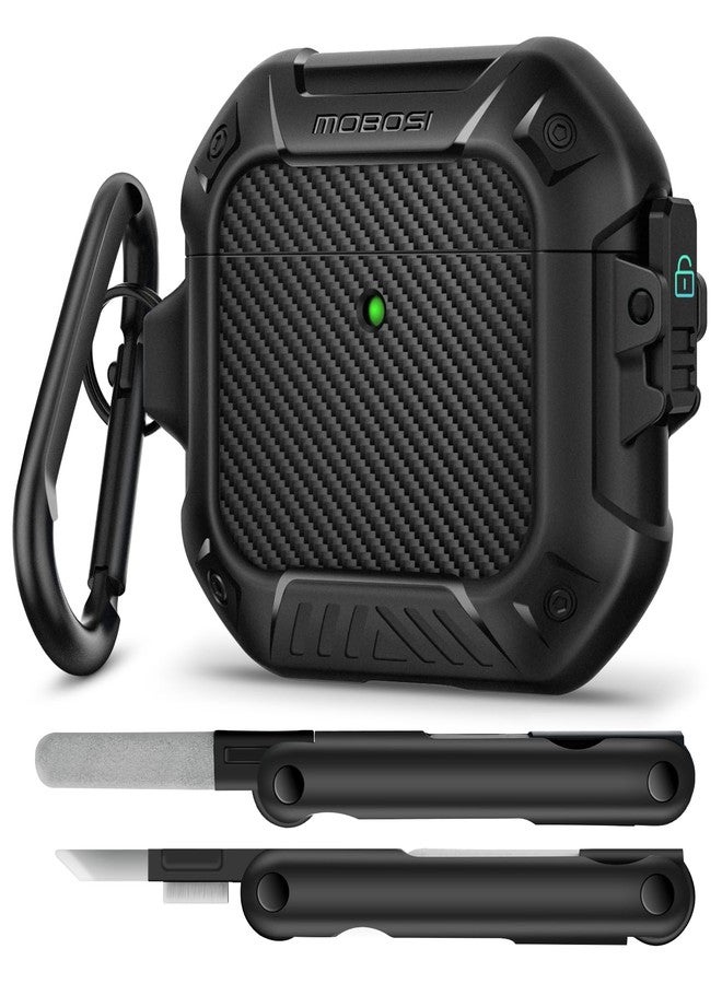 MOBOSI غطاء MOBOSI لسماعات AirPods 4، متوافق مع غطاء سماعات AirPods الجيل الرابع مع قفل وسلسلة مفاتيح ومجموعة تنظيف، غلاف صلب مقاوم للصدمات بالكامل (2024)، أسود - Image 1
