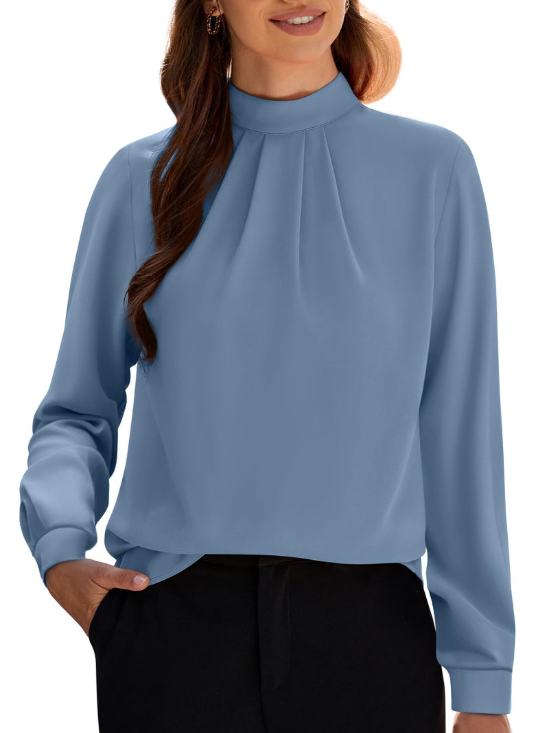Funlingo Womens Long Sleeve Tops Dressy Casual Fall Tunic Blouses 2025 Trendy Business Work Mock Neck Flowy Pleated Chiffon Shirts Grey Blue 3XL - Image 1