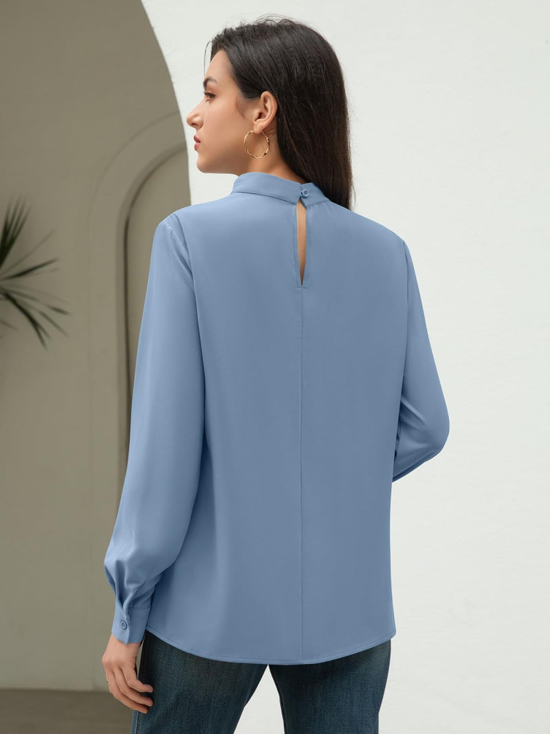 Funlingo Womens Long Sleeve Tops Dressy Casual Fall Tunic Blouses 2025 Trendy Business Work Mock Neck Flowy Pleated Chiffon Shirts Grey Blue 3XL - Image 5