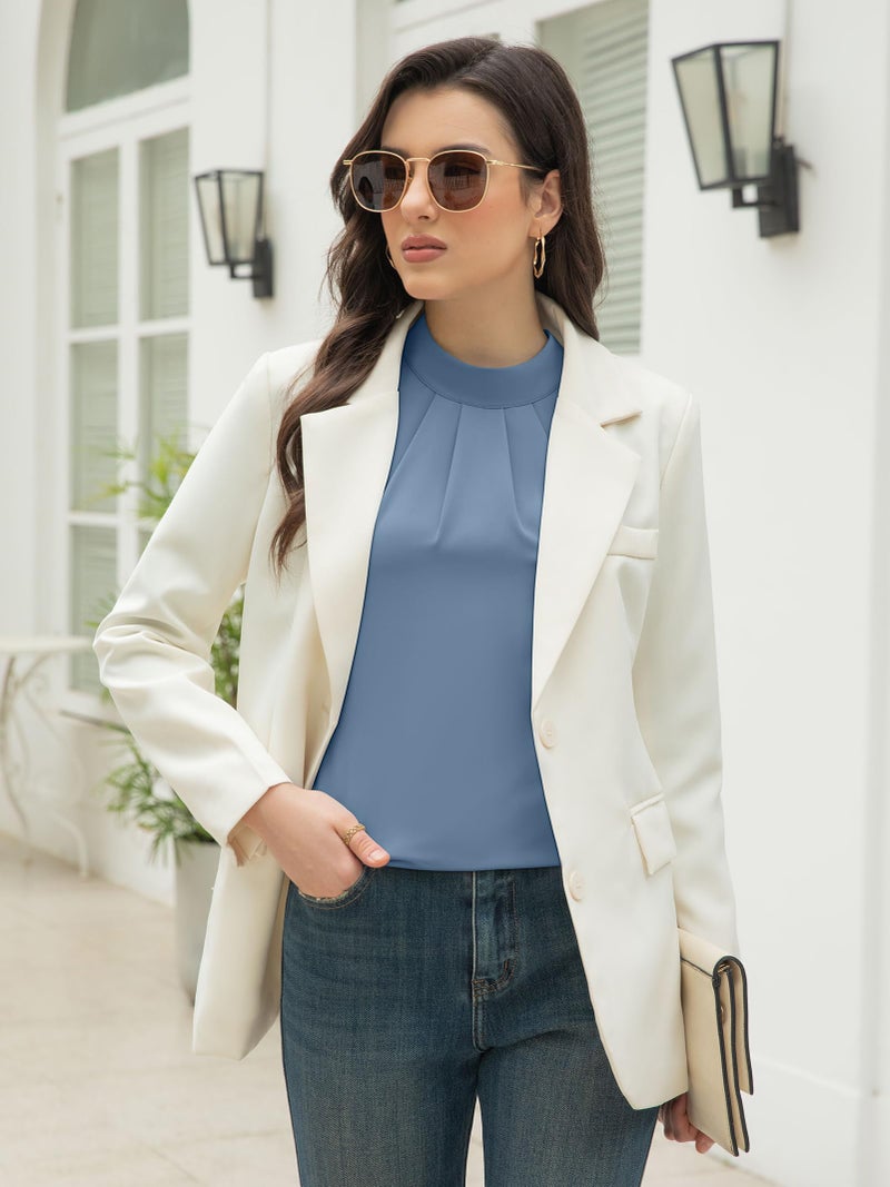 Funlingo Womens Long Sleeve Tops Dressy Casual Fall Tunic Blouses 2025 Trendy Business Work Mock Neck Flowy Pleated Chiffon Shirts Grey Blue 3XL - Image 3