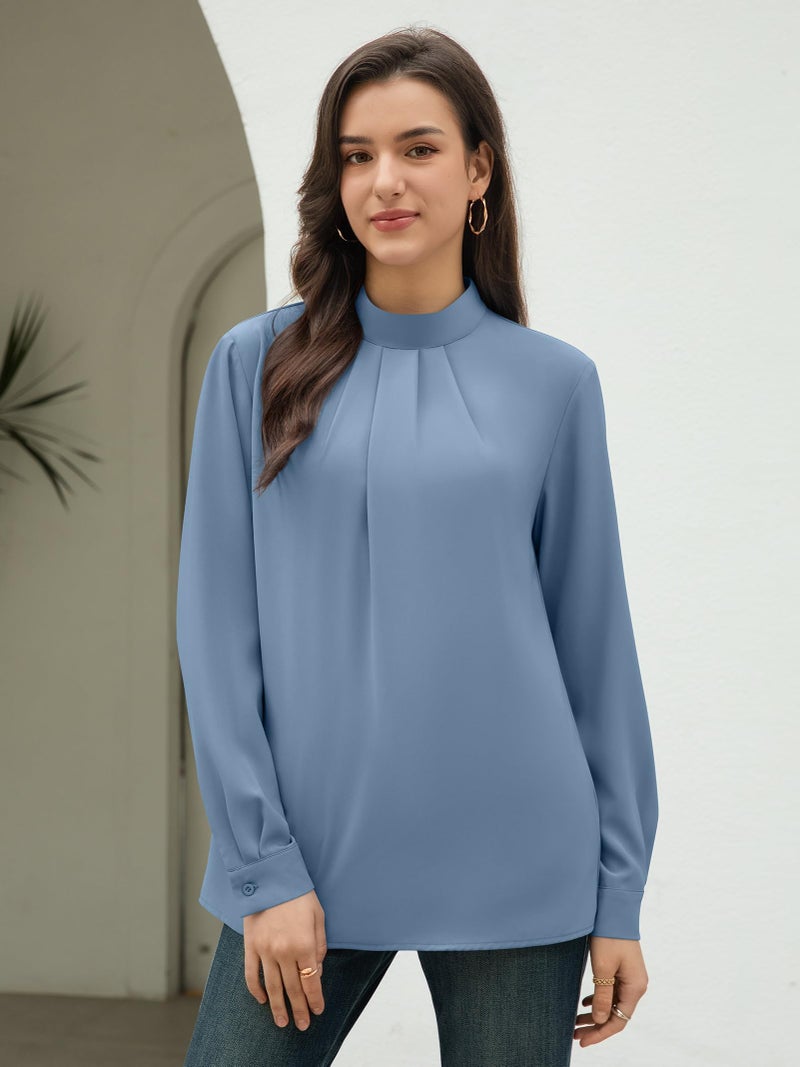 Funlingo Womens Long Sleeve Tops Dressy Casual Fall Tunic Blouses 2025 Trendy Business Work Mock Neck Flowy Pleated Chiffon Shirts Grey Blue 3XL - Image 2