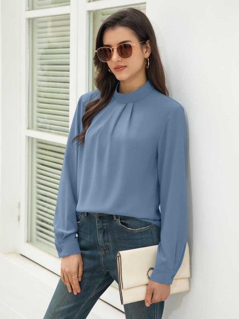 Funlingo Womens Long Sleeve Tops Dressy Casual Fall Tunic Blouses 2025 Trendy Business Work Mock Neck Flowy Pleated Chiffon Shirts Grey Blue 3XL - Image 4