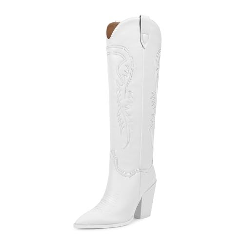 ISNOM White Cowboy Boots for Women Cowgirl Western Boots Women Knee High Boots Knee High Western Boots Tall Cowboy Boot Womens Wide Calf Cowgirl Boot - Image 1